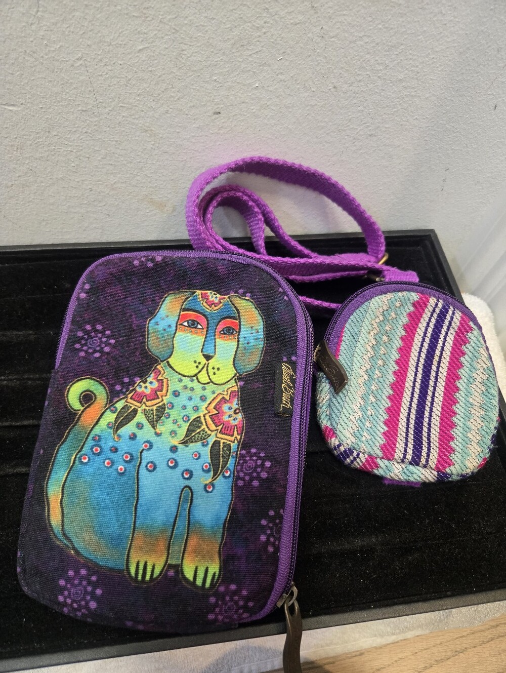 Laurel Burch Dog Crossbody Bag And Coin Pouch Canvas Purple